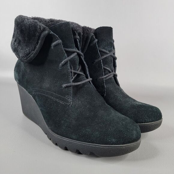 Donald J Pliner Maxxi Ankle Boots Wedge Lace Up Black Suede Size 8 M Faux Fur - Picture 5 of 14